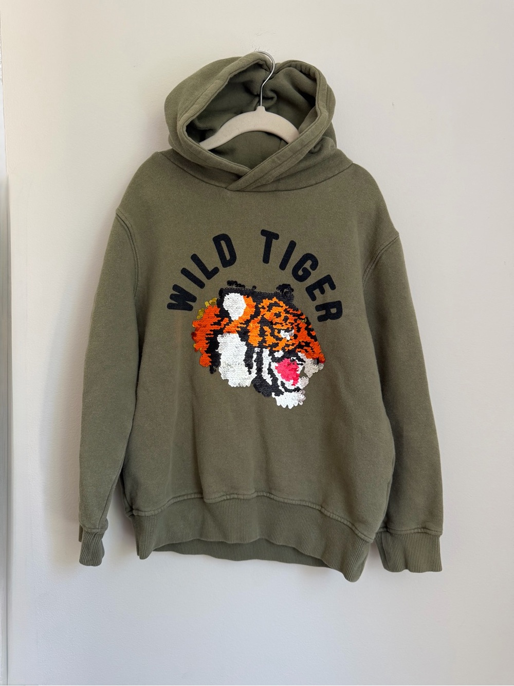 Zara Olive Green Hoodie with 'Wild Tiger' Sequin Graphic (Size 9)